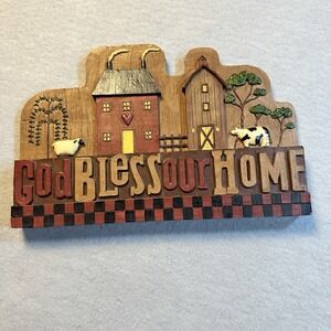 Youngs Rustic Farmhouse God Bless Our Home Barn Sheep Cow Wall Decor Plaque 12x8